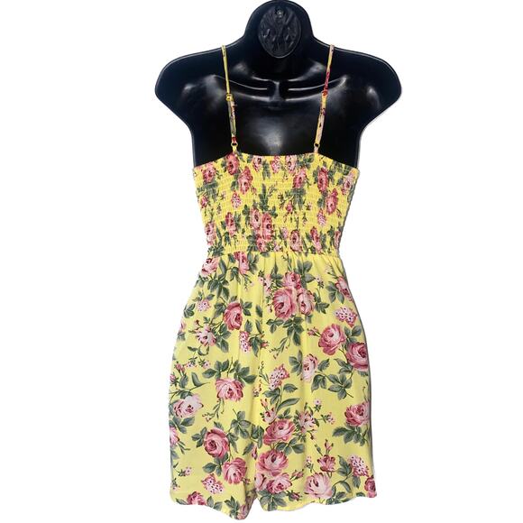 New Small Yellow Tie Front‎ Floral Romper Adjustable Shorts Keyhole Sleeveless - Picture 3 of 4